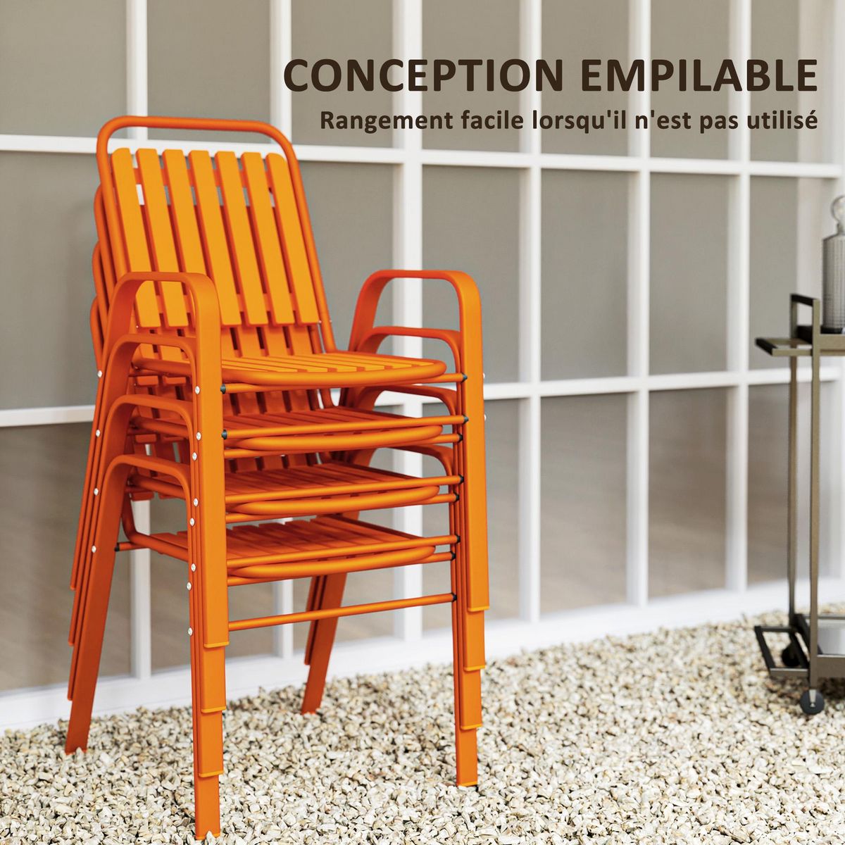 OUTSUNNY Lot de 4 chaises de jardin empilables design néo-rétro avec hauts dossiers accoudoirs acier époxy orange