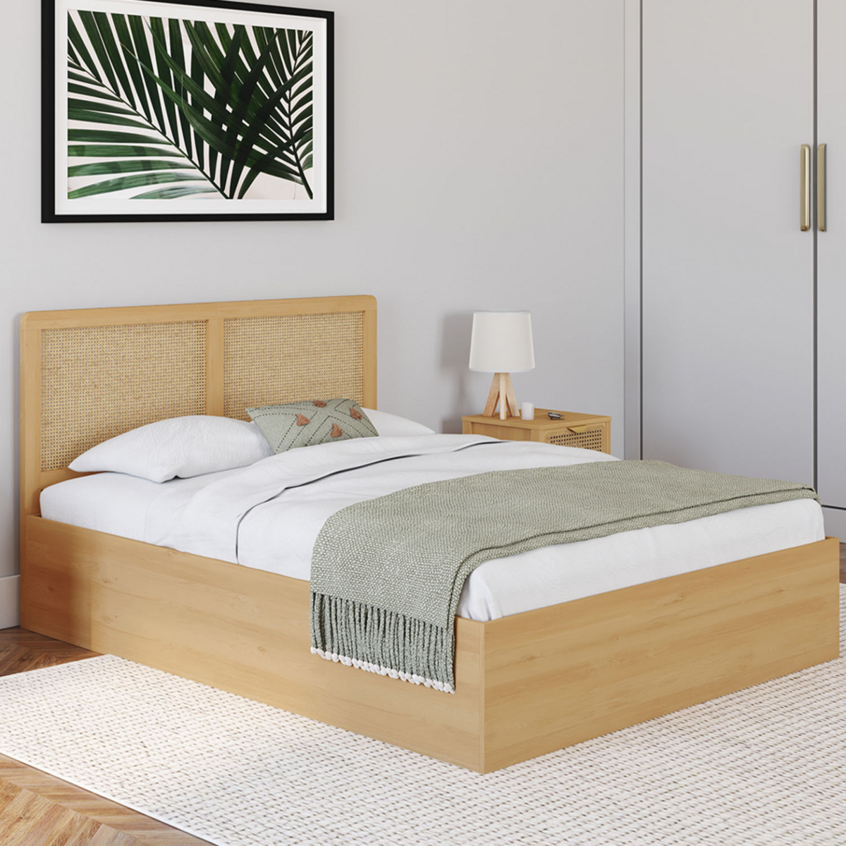 ID MARKET Lit coffre double EDHEN avec tête de lit cannage et sommier 140 x 190 cm coloris bois