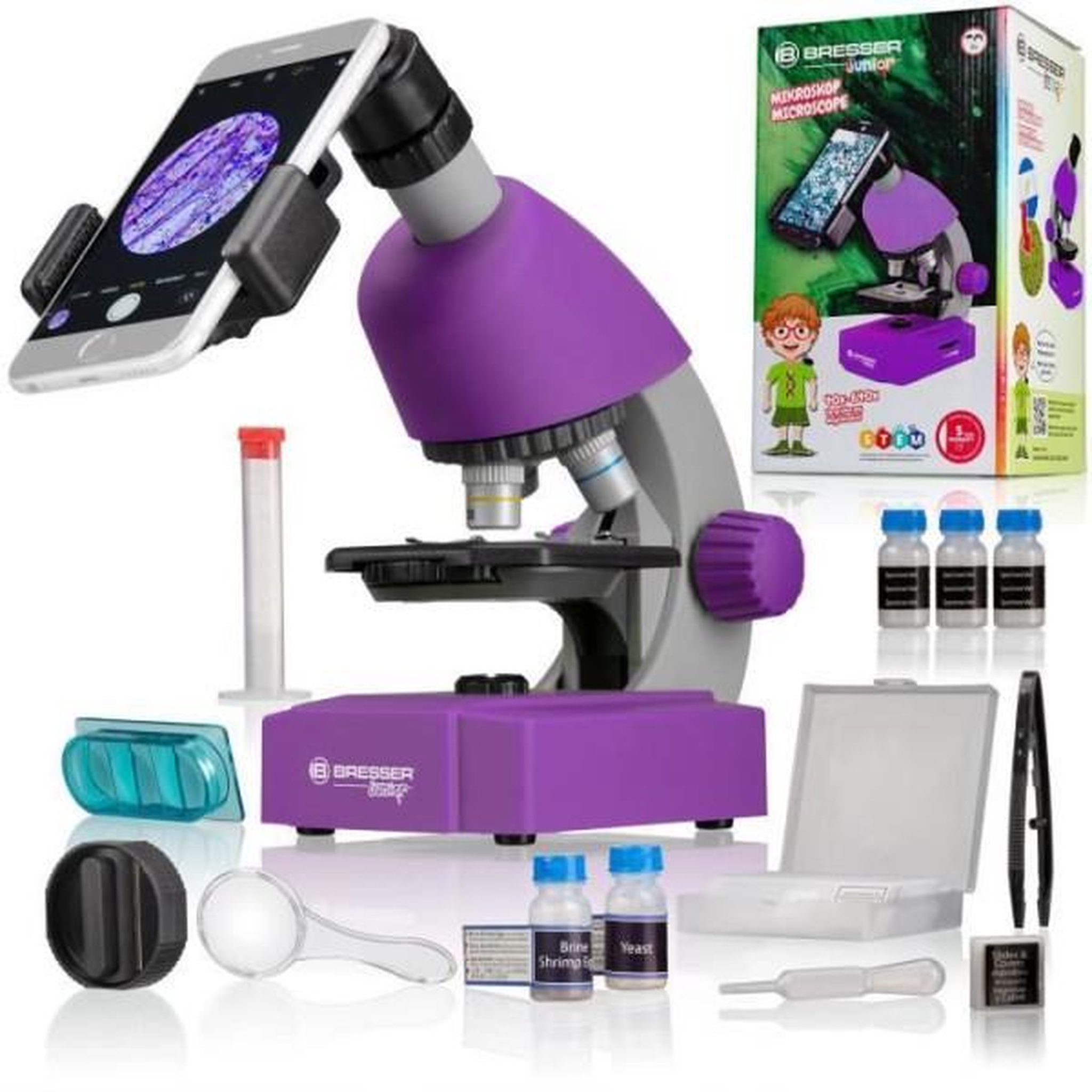 Bresser Microscope 40x-640x - bresser junior - éclairage led - kit d'expérimentation - violet