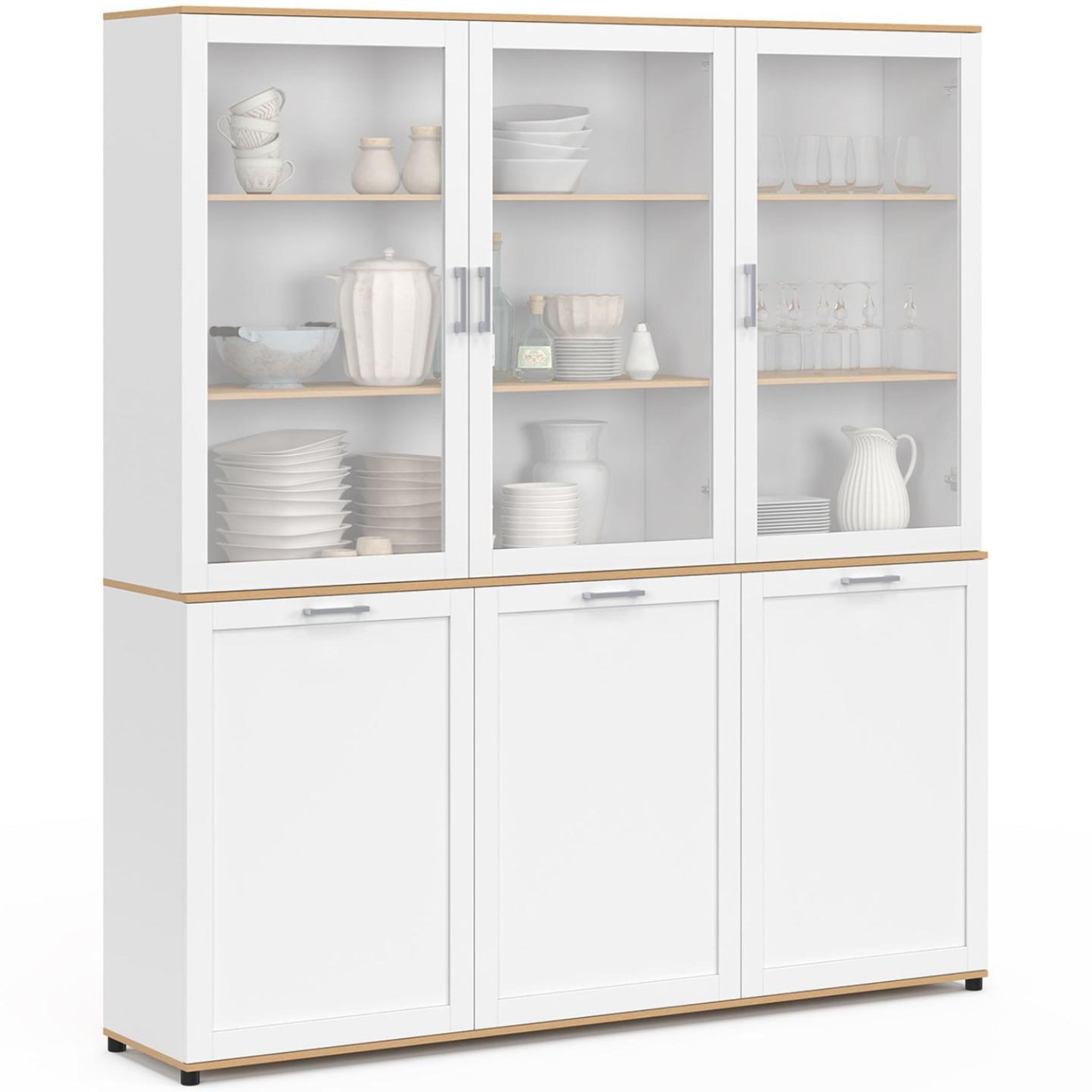 ID MARKET Buffet vaisselier 160 cm vito meuble de cuisine 6 portes blanc et bois
