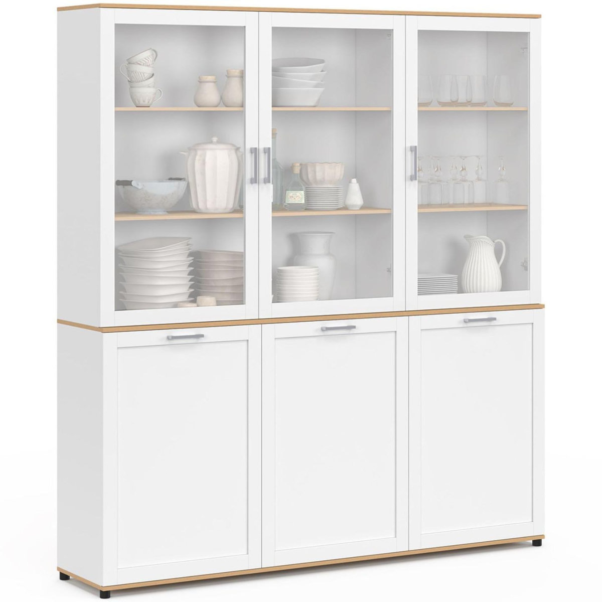 ID MARKET Buffet vaisselier 160 cm VITO meuble de cuisine 6 portes blanc et bois