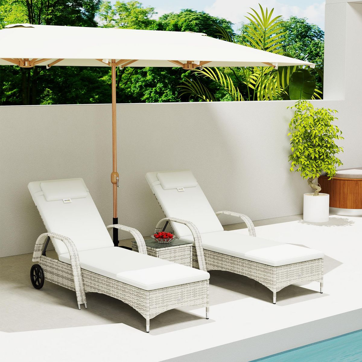 OUTSUNNY Lot de 2 bains de soleil inclinables tout confort avec table d'appoint résine tressée crème
