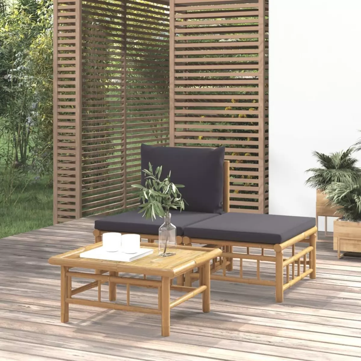 VIDAXL Salon de jardin 3 pcs avec coussins gris fonce bambou