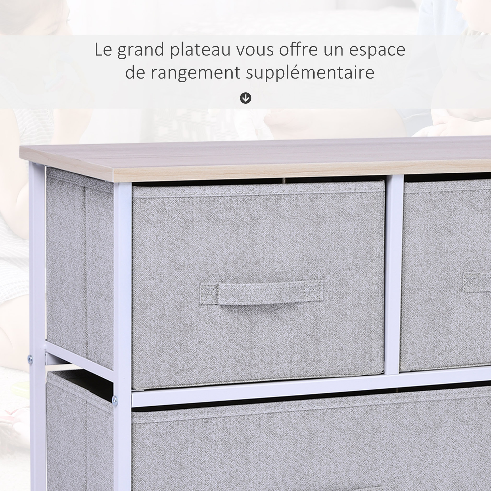 Voir la diapositive 6 : HOMCOM Commode meuble de rangement dim. 100L x 30l x 54H cm 5 tiroirs non-tissés gris structure métal blanc plateau MDF bois clair