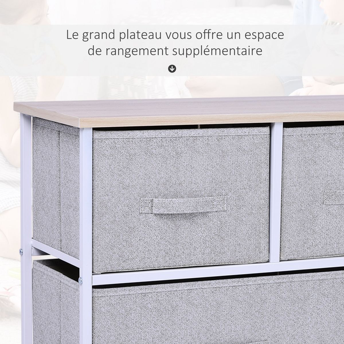 HOMCOM Commode meuble de rangement dim. 100L x 30l x 54H cm 5 tiroirs non-tissés gris structure métal blanc plateau MDF bois clair