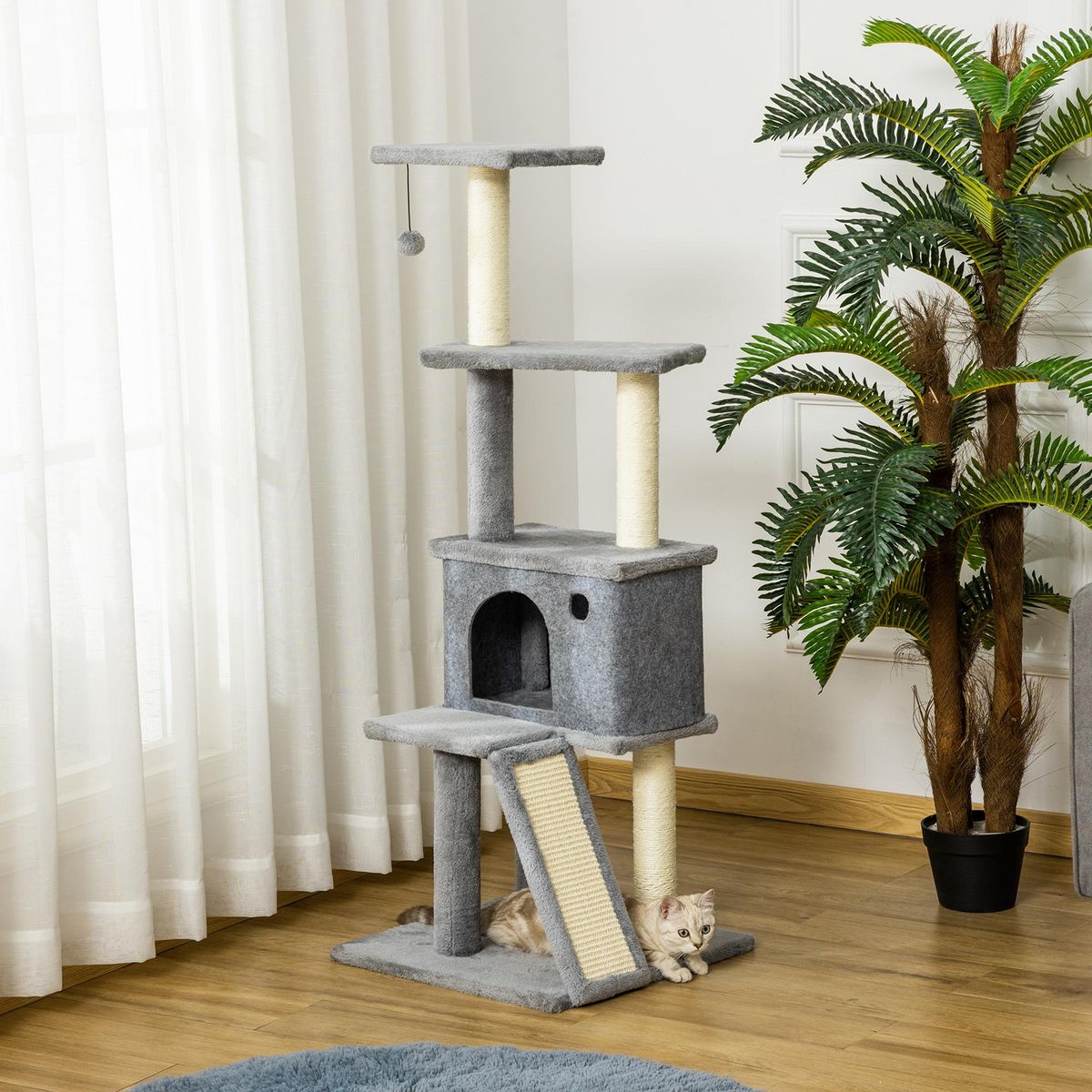 PAWHUT Arbre à chat centre d'activités multi-équipé griffoirs grattoir jeu boule suspendue niche housse amovible plateformes gris