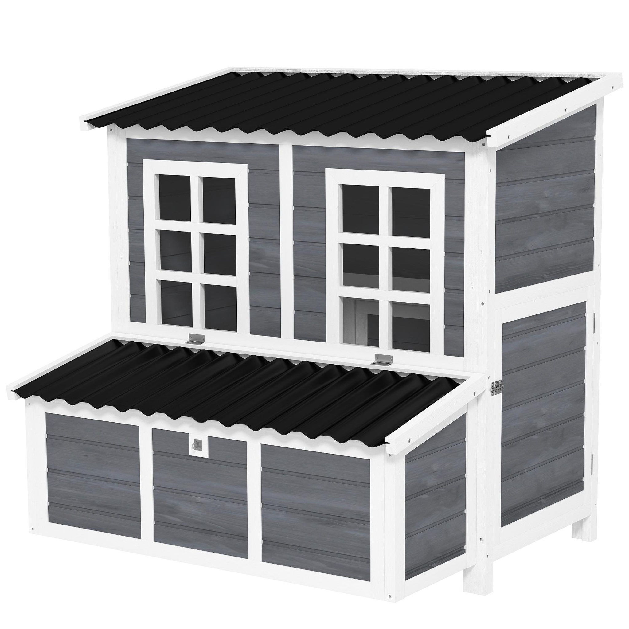 PAWHUT Poulailler cottage en bois 3 pondoirs toit ouvrant porte 2 fenêtres plateau déjection 100x86x100cm gris blanc noir