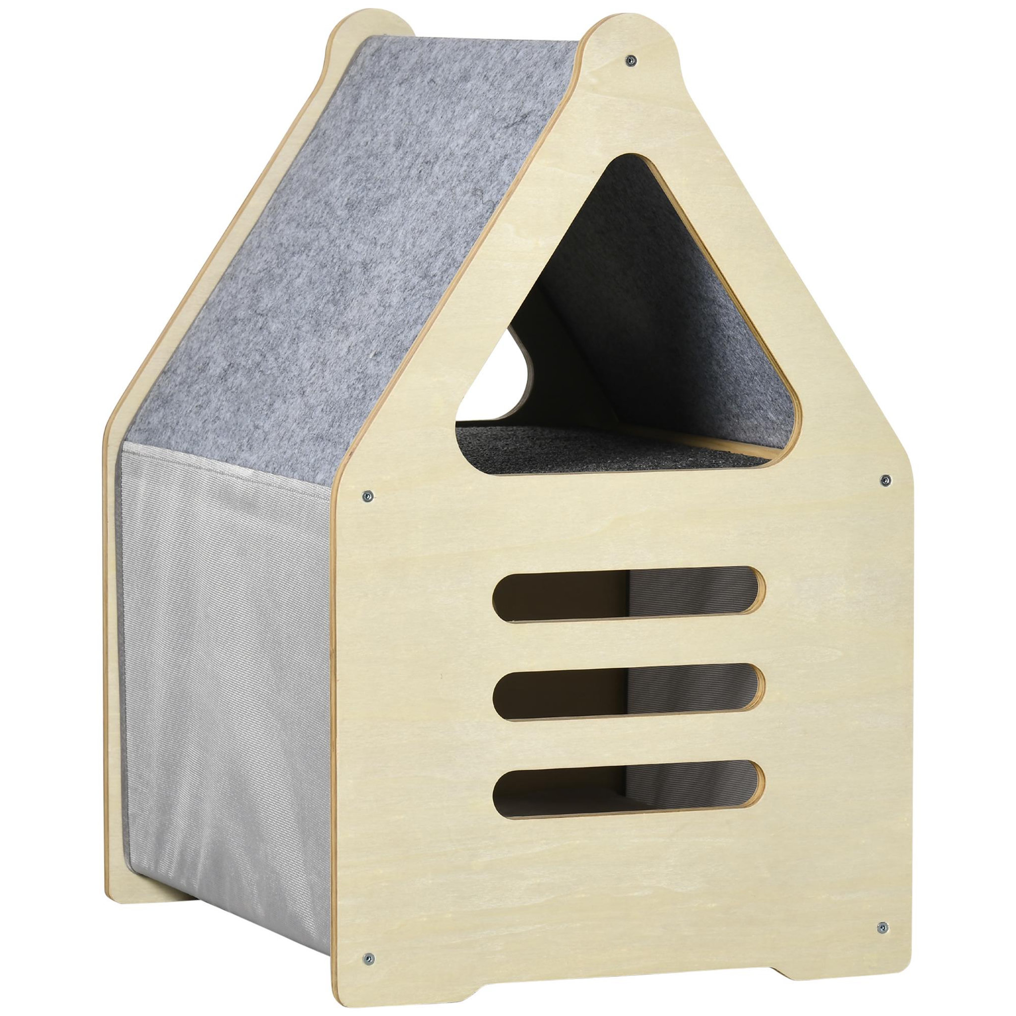Voir la diapositive 1 : PAWHUT Maison pour chat design maisonnette - niche chat panier chat - 2 coussins amovibles, 2 niv. - panneaux aspect bois clair polyester gris