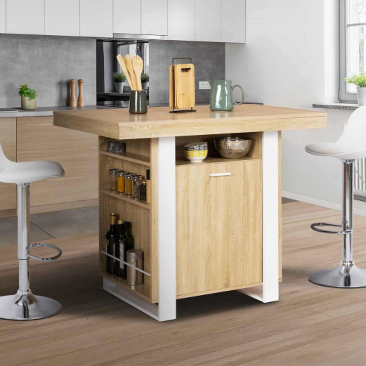 ID MARKET Ilot central PHOENIX 110 cm bois et blanc avec rangements