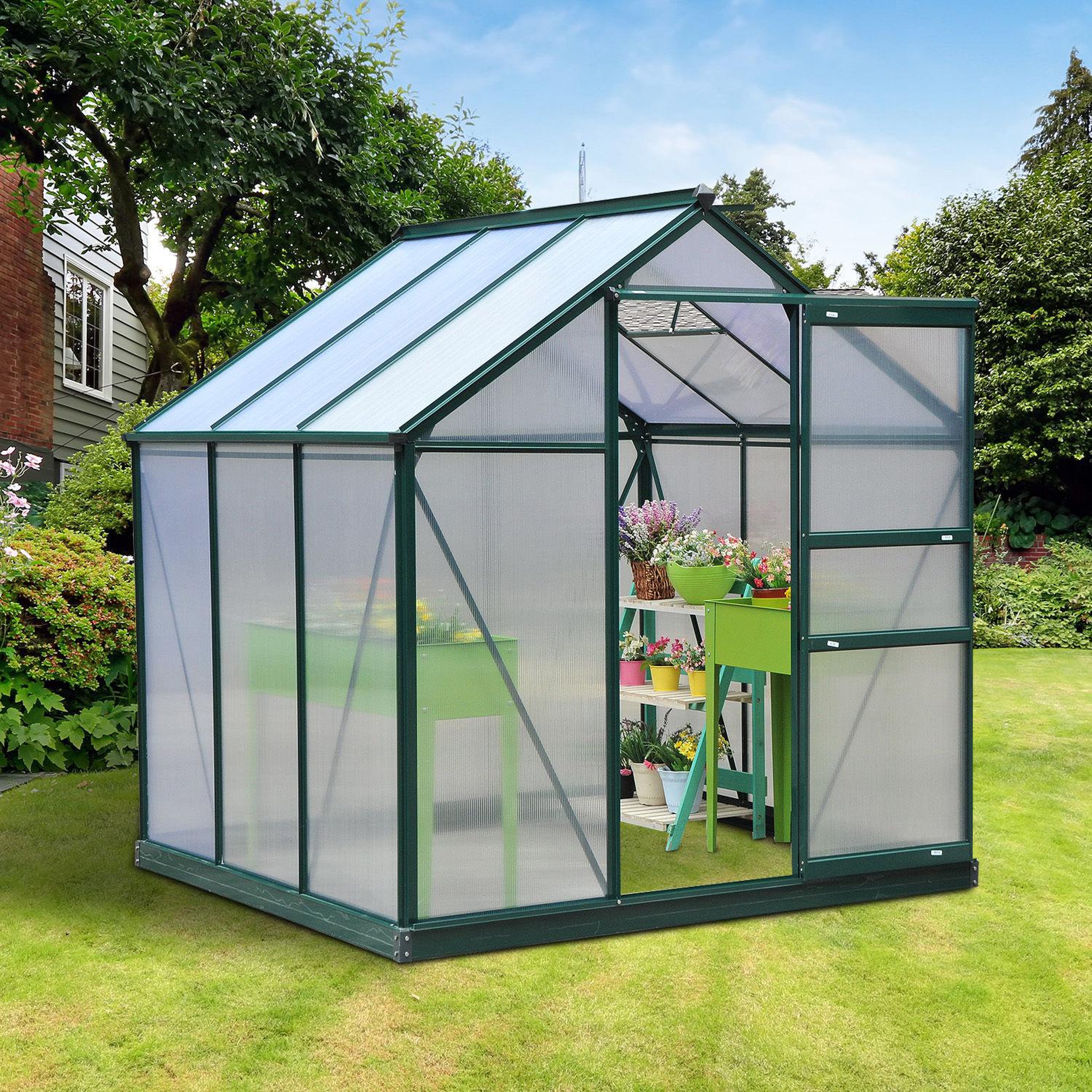 Voir la diapositive 6 : OUTSUNNY Serre de jardin aluminium polycarbonate 3,65 m² dim. 1,9l x 1,92l x 2,01h m lucarne, porte coulissante + fondation incluse alu. Vert polycarbonate transparent