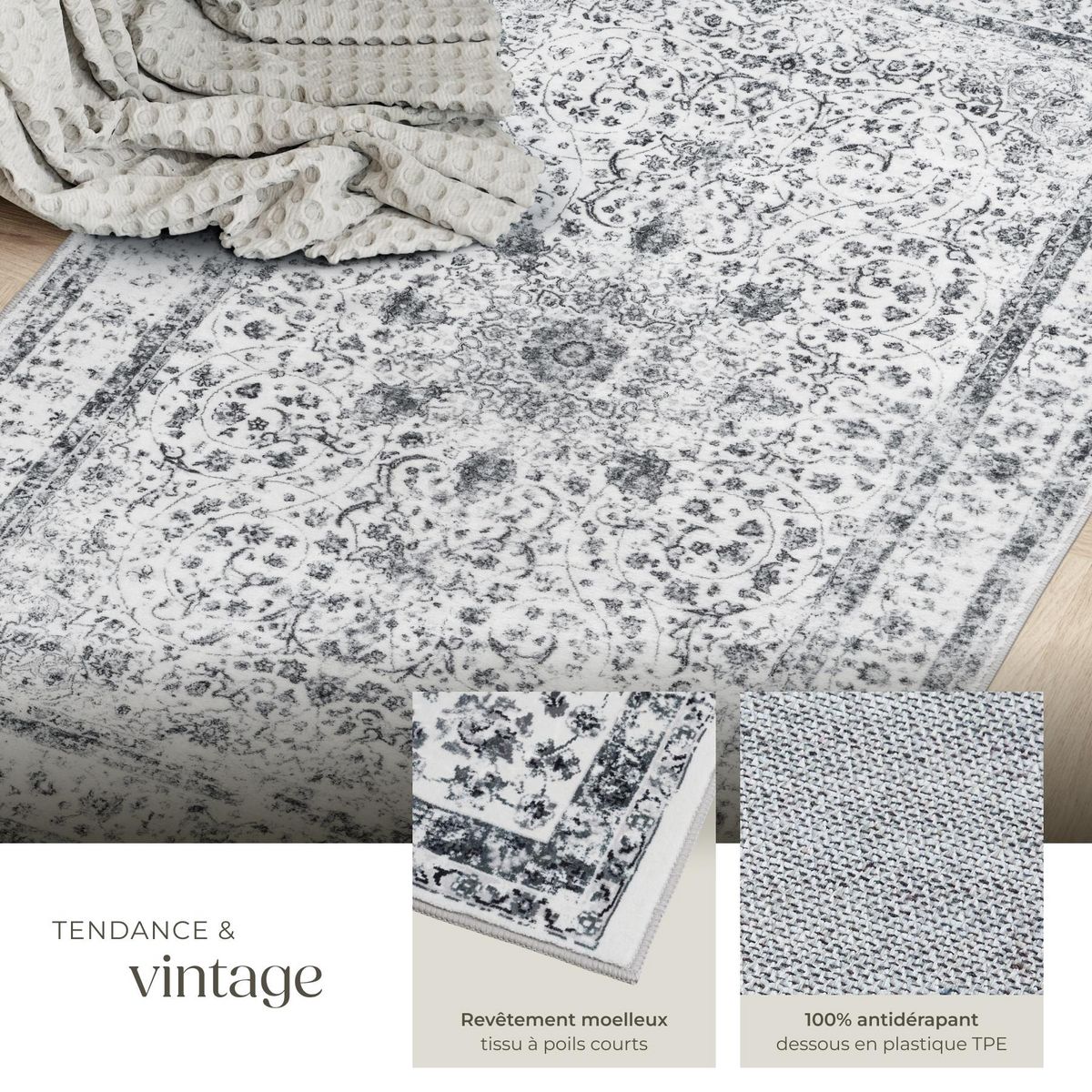 tectake Tapis design vintage à poils courts en laine synthétique et feutre gris 80 x 150 cm