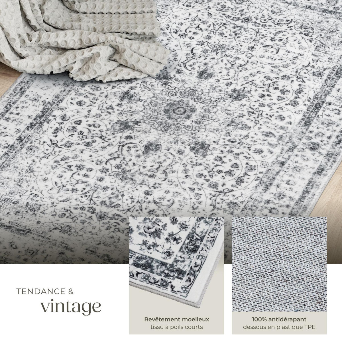 tectake Tapis design vintage à poils courts en laine synthétique et feutre gris 80 x 150 cm