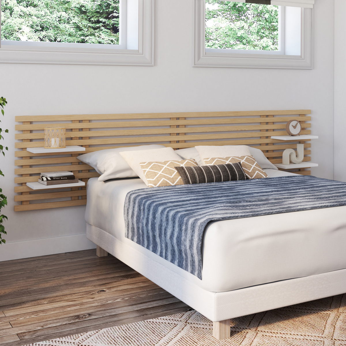 ID MARKET Tête de lit suspendue en lattes AVA 240 cm bois clair et étagères blanches