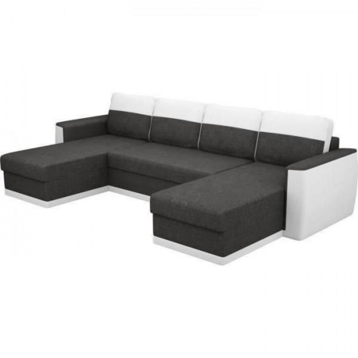 MARKET24 Canapé d'angle panoramique convertible 5 places JAMES - Simili et tissu Blanc et Anthracite - L 298 x P 142 x H 85 cm