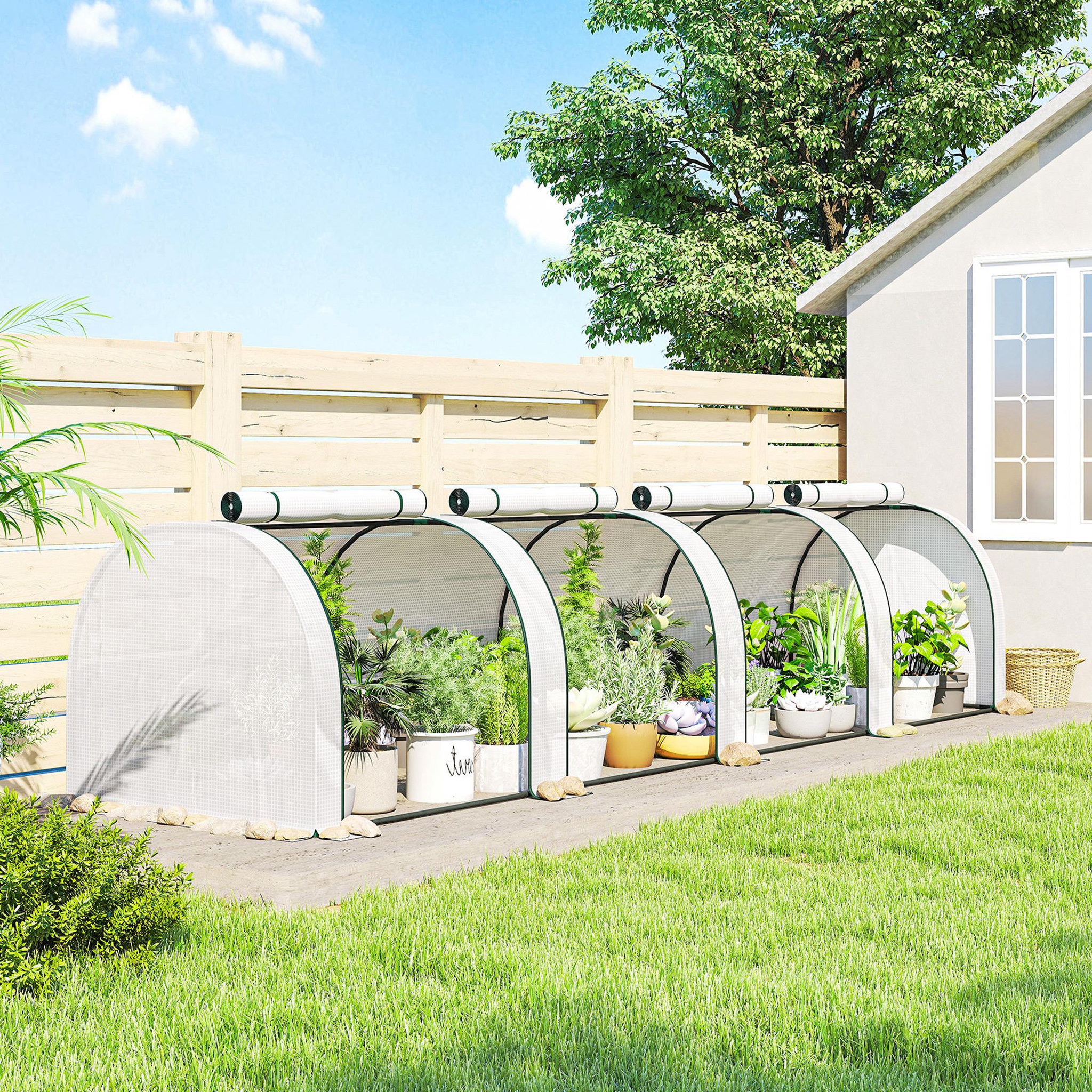 Voir la diapositive 2 : OUTSUNNY Mini serre de jardin serre à tomates 4 x 1 x 0,8 m 4 portes zippées