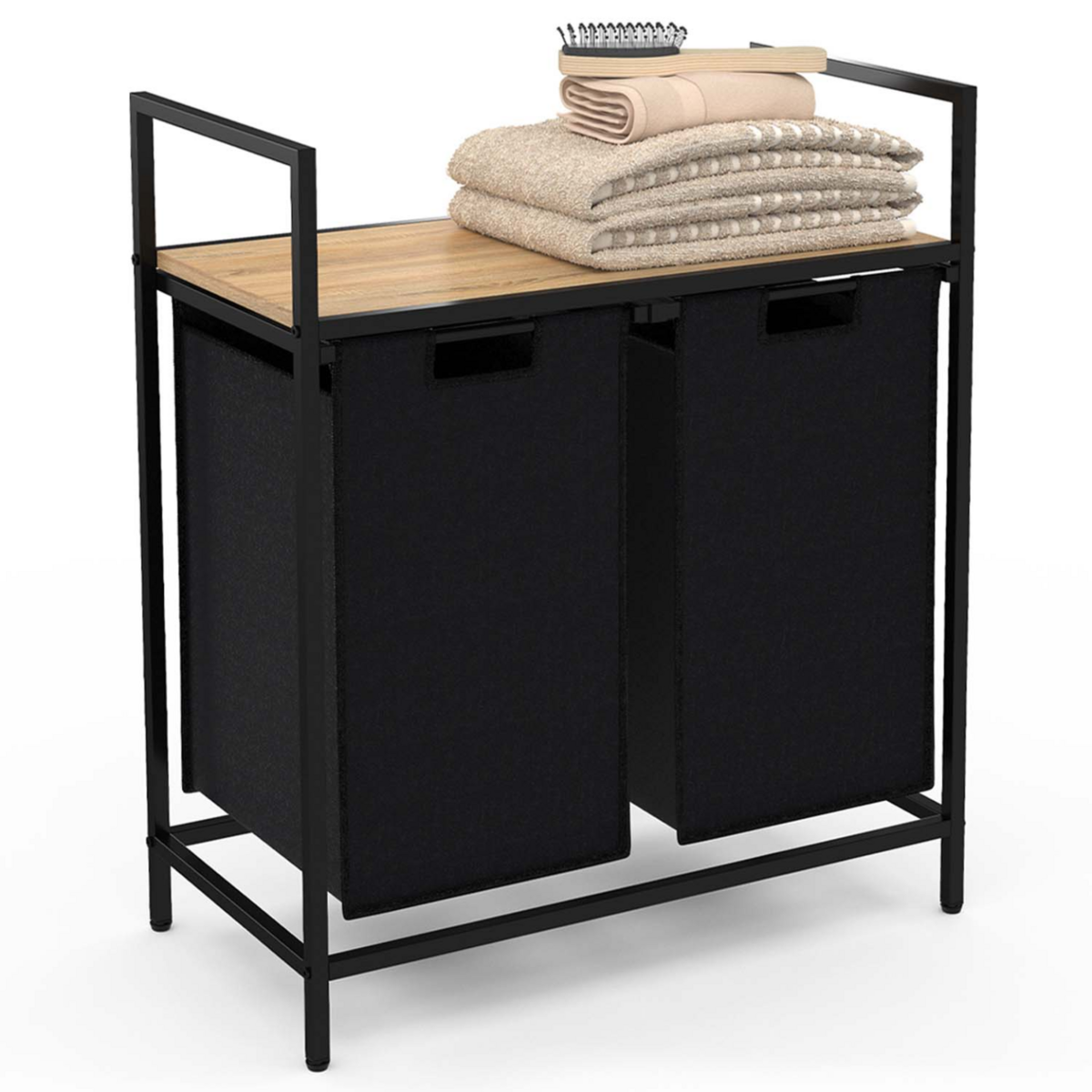 ID MARKET Panier à linge 2 bacs DETROIT tissu noir design industriel