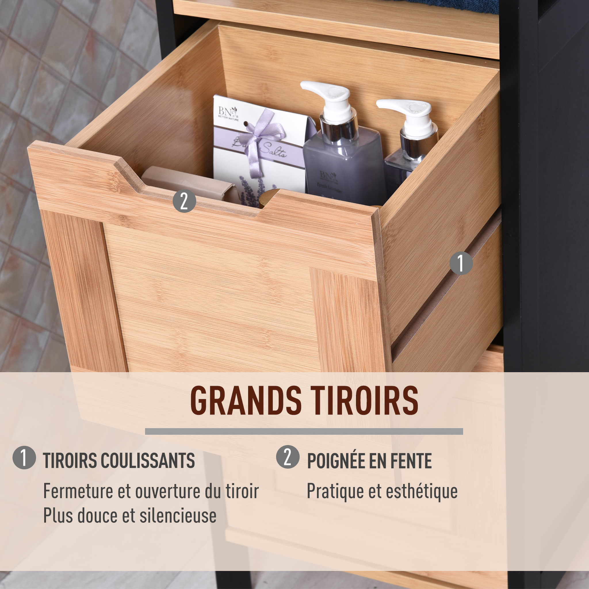 Voir la diapositive 5 : HOMCOM Meuble colonne rangement salle de bain style cosy dim. 30L x 30l x 144H cm 3 étagères 2 tiroirs bambou MDF noir