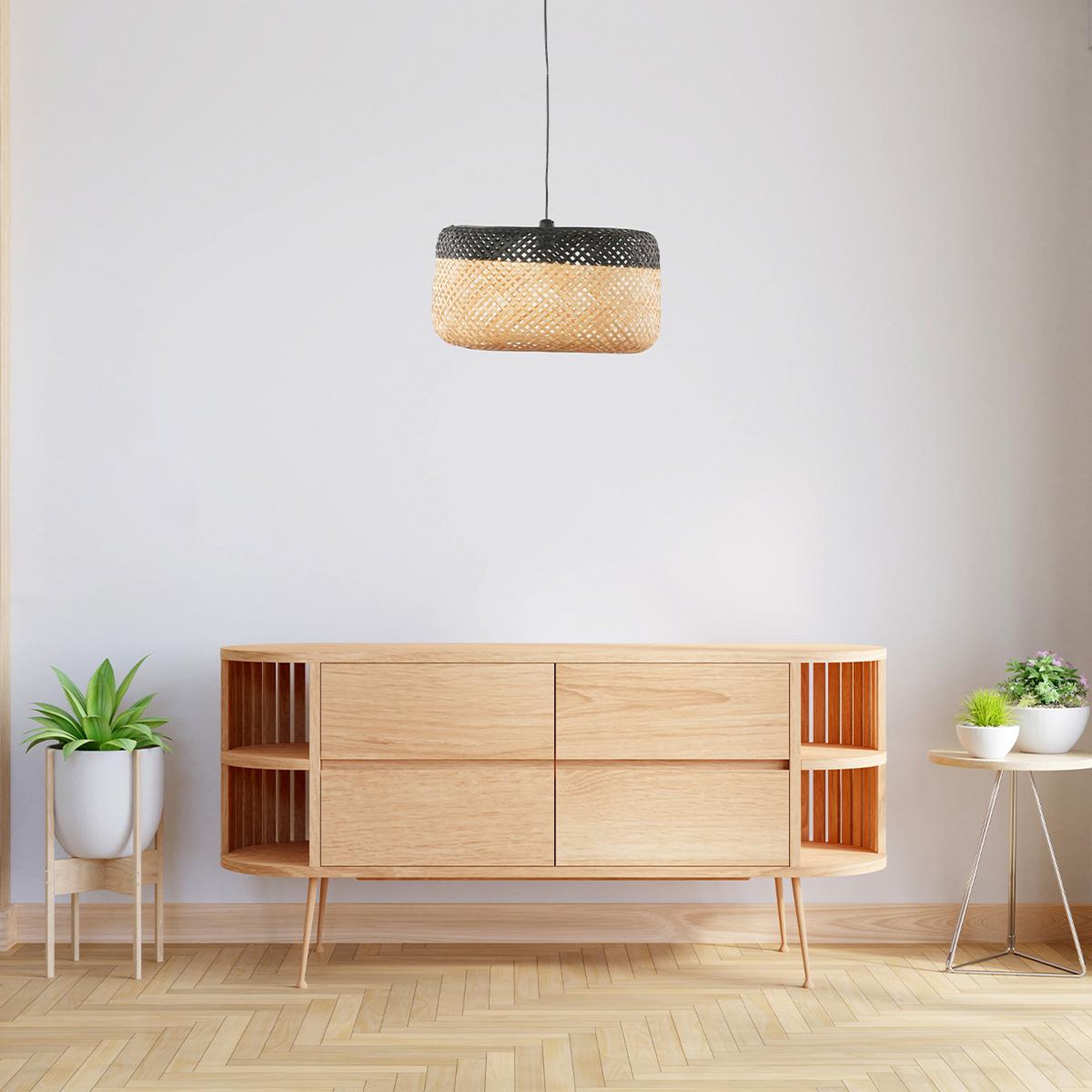 Voir la diapositive 5 : MAISON AUBERTIN Suspension ronde bambou bicolore - noir et bois