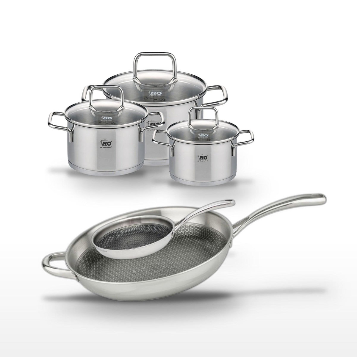 ELO Lot de 2 Poêles 32/24 cm et 3 Faitouts 14/16/20 cm Elo Relief Evolution