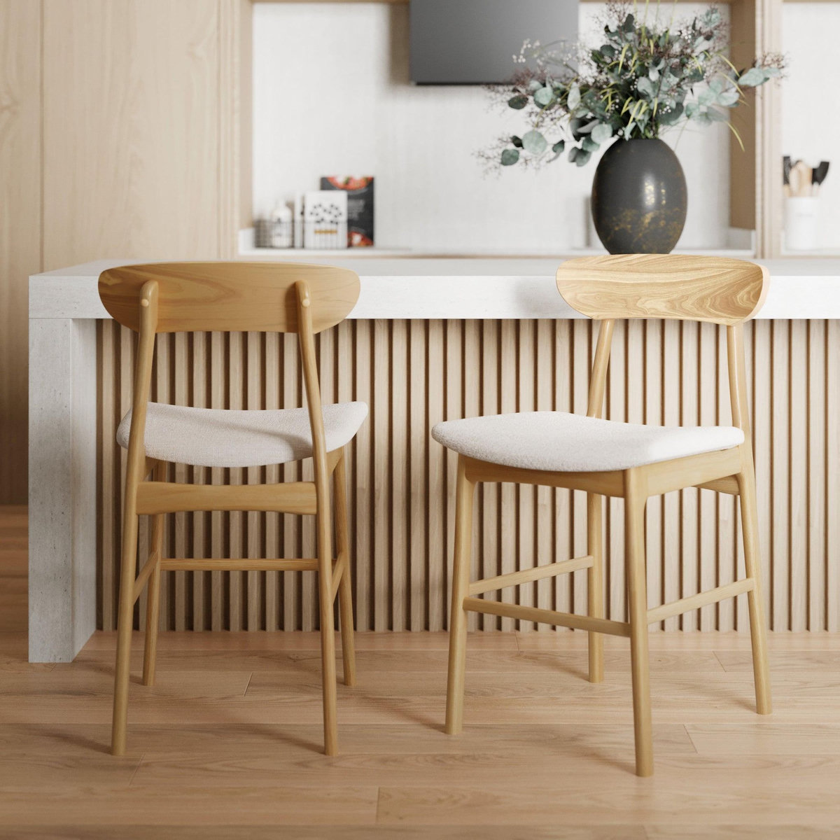 Rendez vous déco Lot de 2 chaises pour îlot central 66 cm en tissu beige et bois-Lana