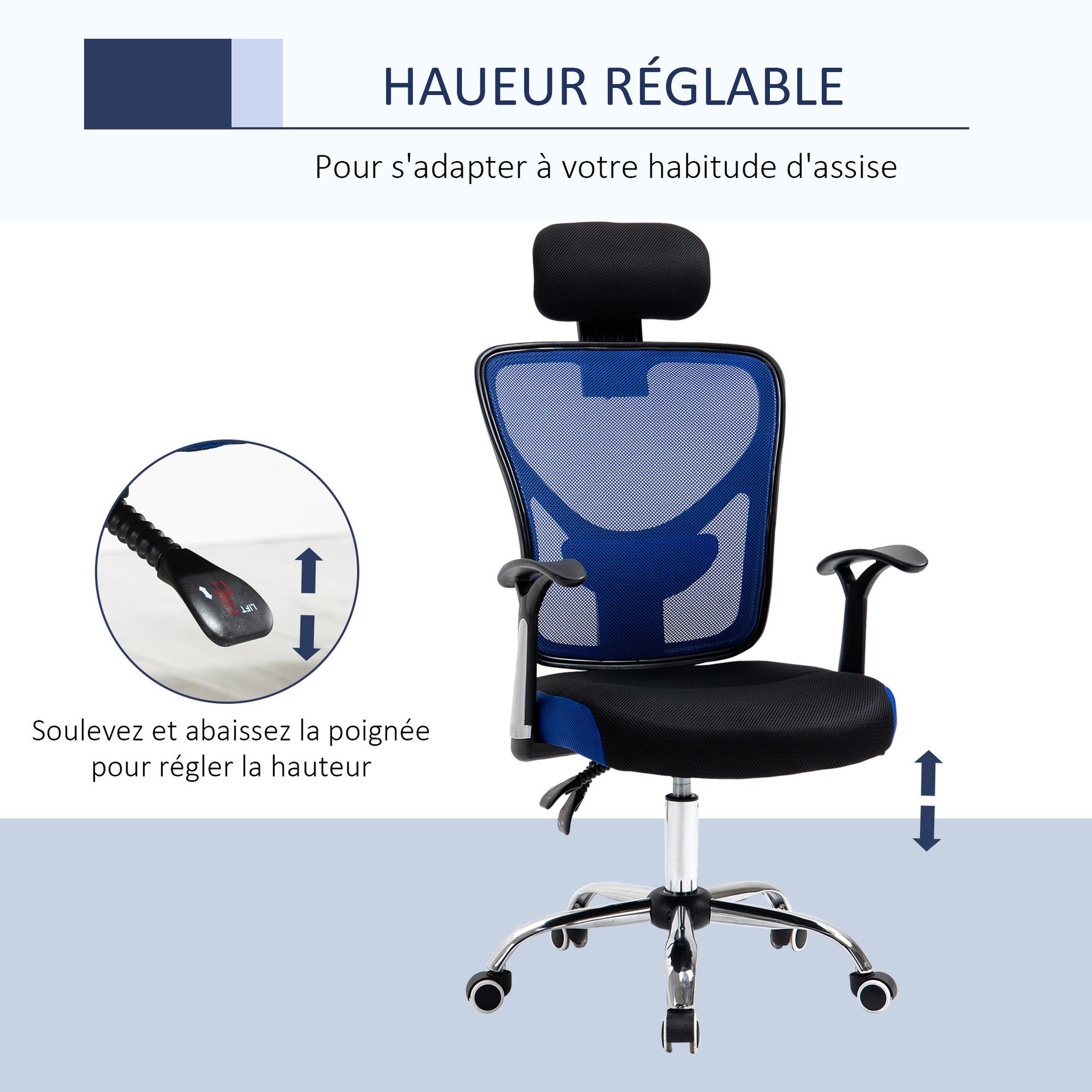 Voir la diapositive 4 : VINSETTO Vinsetto Chaise de bureau manager grand confort réglable dossier inclinable piètement chromé tissu maille polyester bleu noir