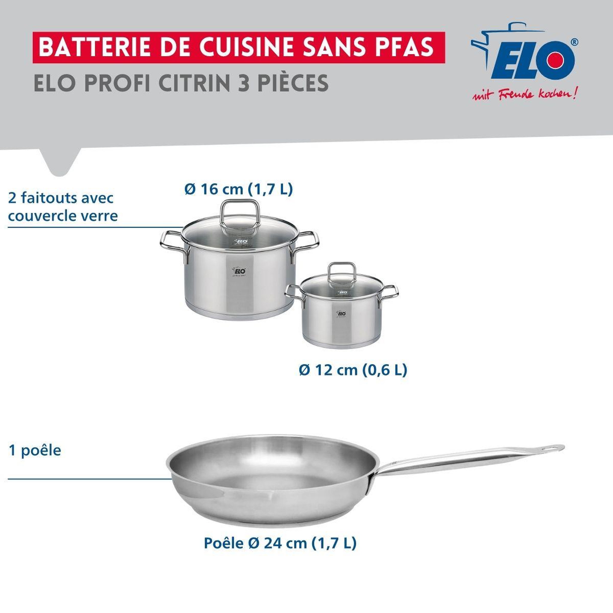 Voir la diapositive 2 : ELO Ensemble de 1 poêle de cuisson 24 cm et 2 faitouts 12 et 16 cm elo profi citrin