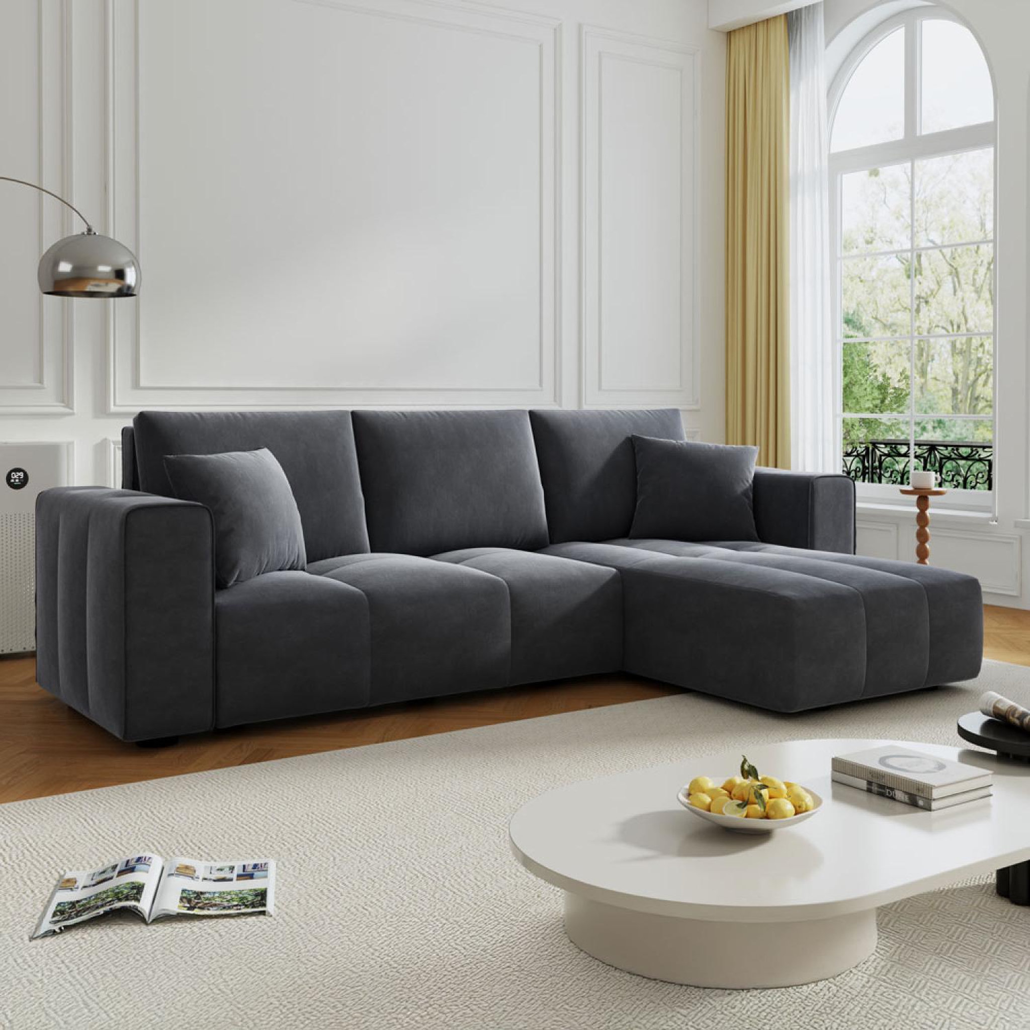 Voir la diapositive 4 : CONCEPT USINE Canapé d'angle convertible 4 places avec coffre en velours gris anthracite brighton
