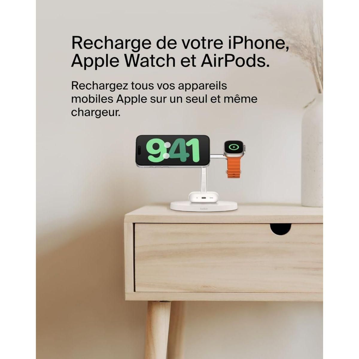 Belkin Chargeur induction 15W Boost Charge Pro 3en1 Qi2 Blanc