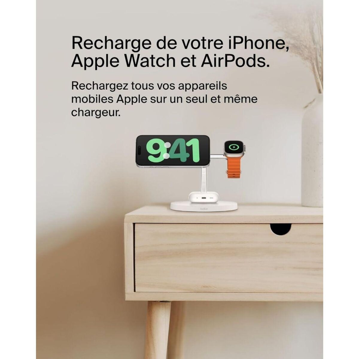 Belkin Chargeur induction 15W Boost Charge Pro 3en1 Qi2 Blanc