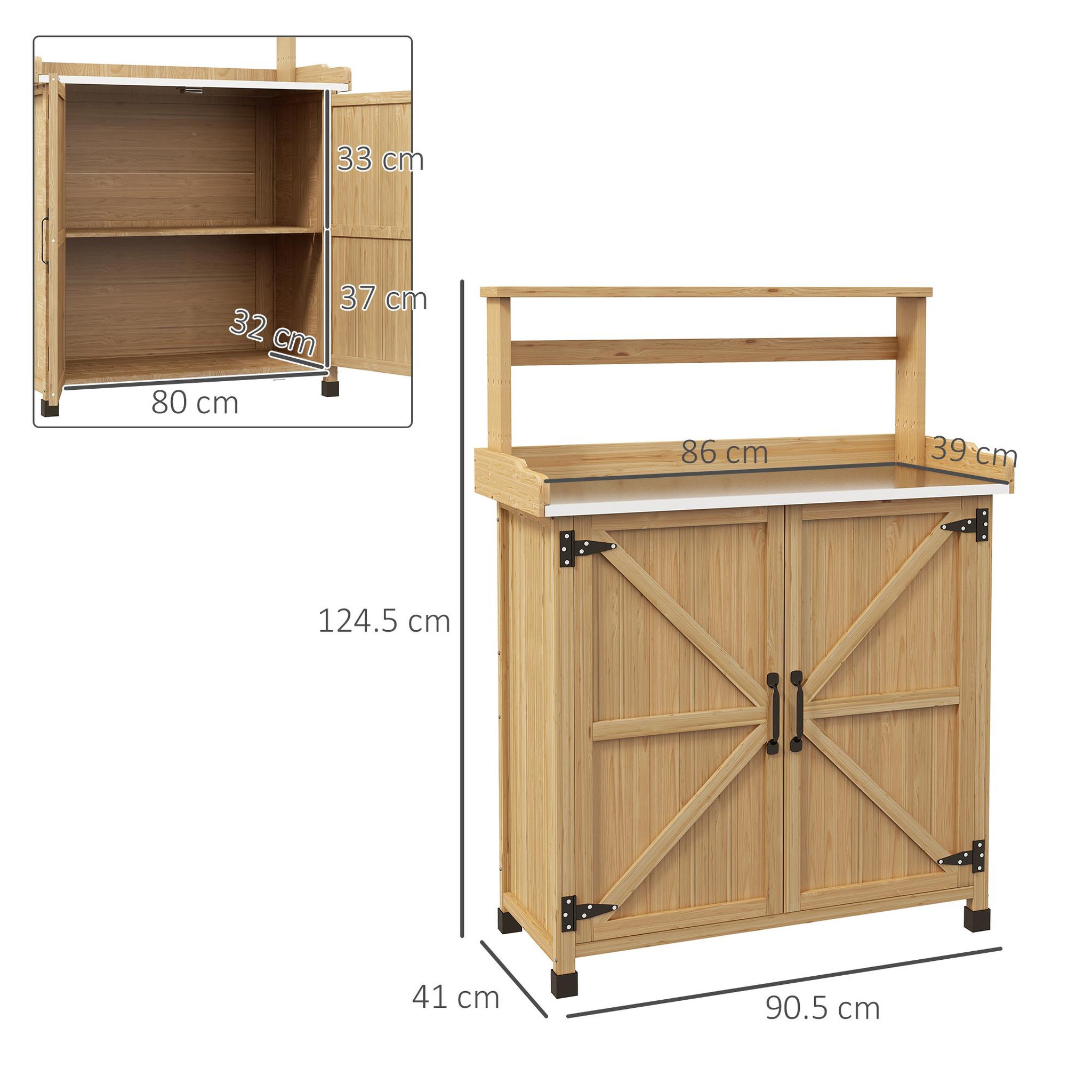 Voir la diapositive 3 : OUTSUNNY Table de rempotage jardinage - étagères, 2 portes avec étagère - plateau tôle acier galvanisé - bois sapin pré-huilé