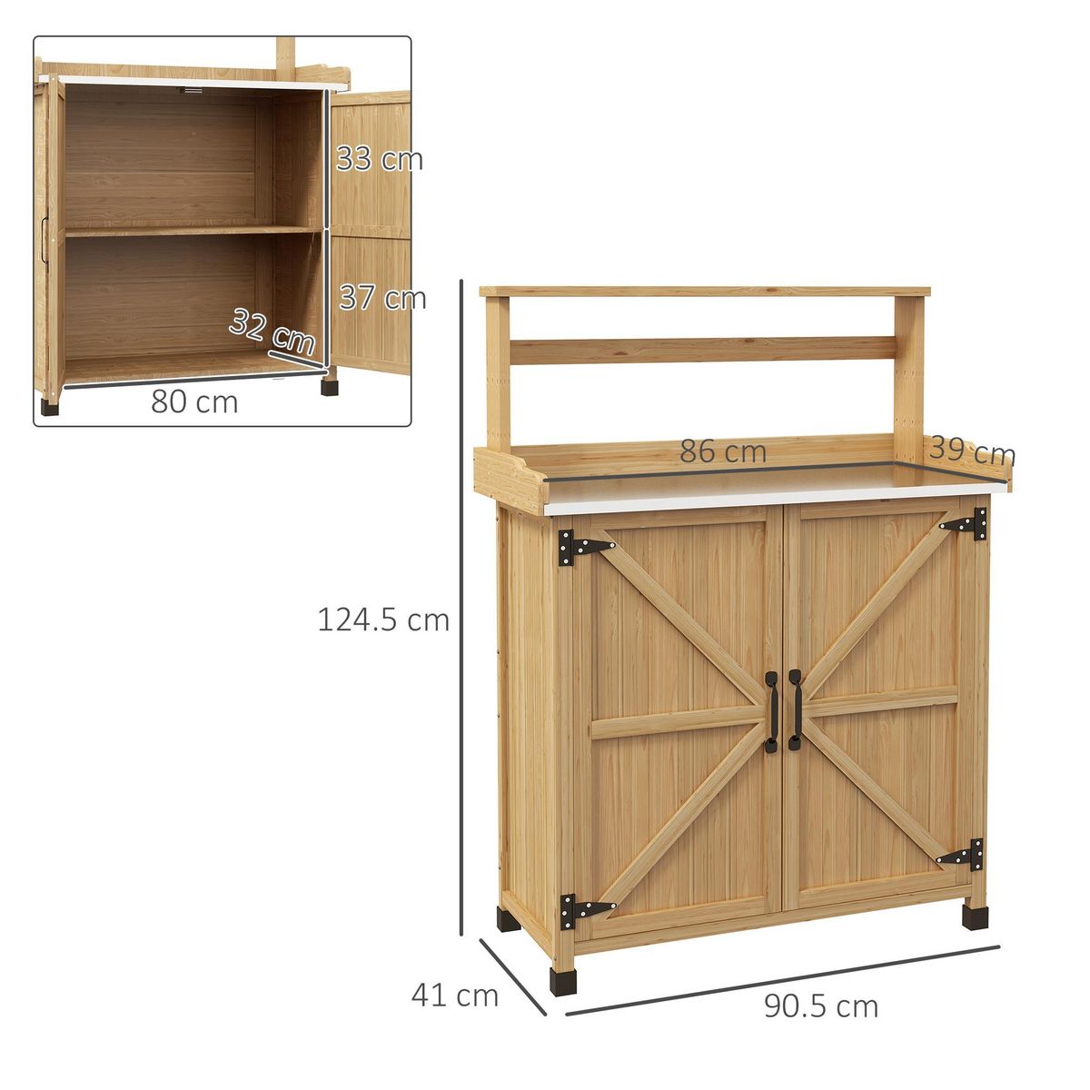 OUTSUNNY Table de rempotage jardinage - étagères, 2 portes avec étagère - plateau tôle acier galvanisé - bois sapin pré-huilé