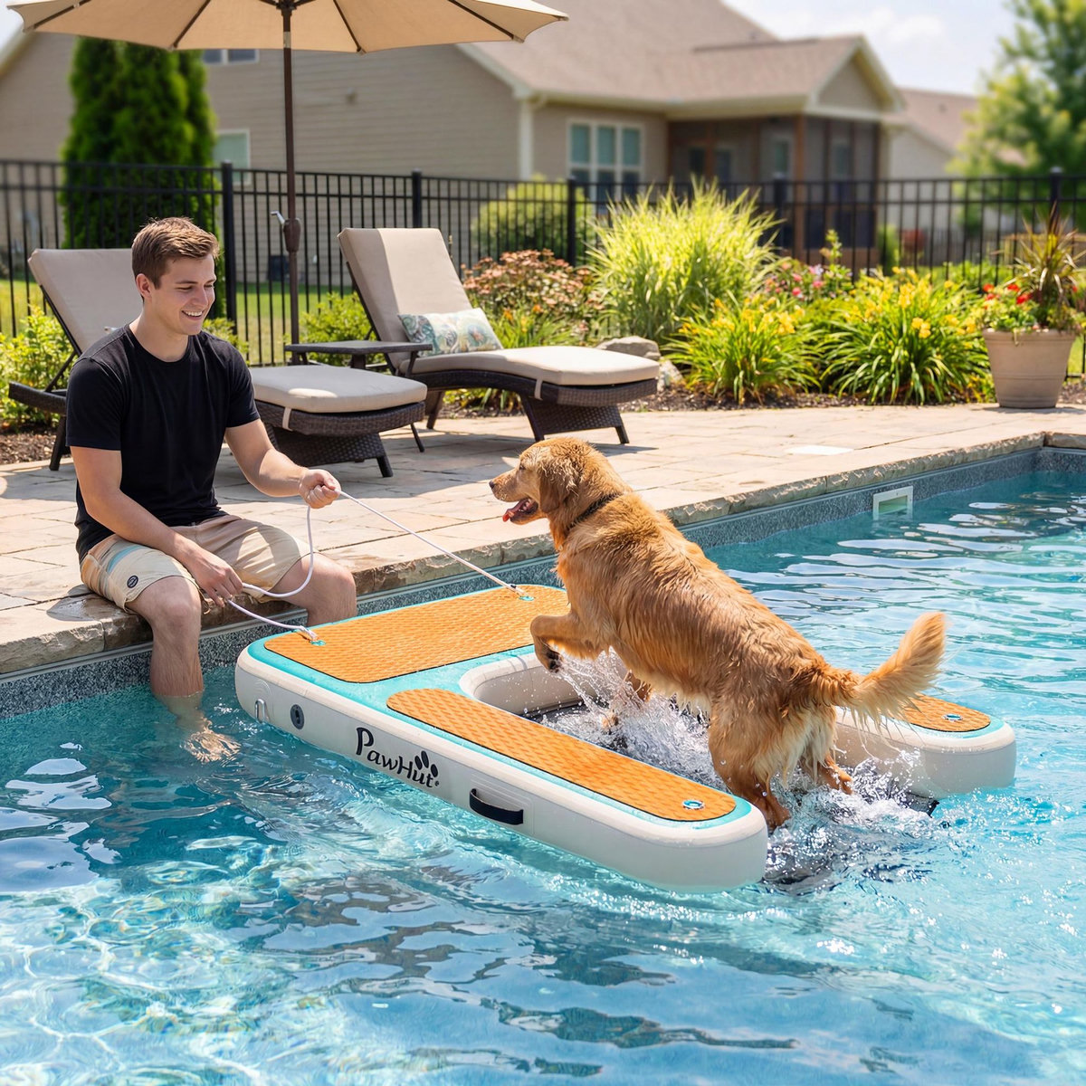 PAWHUT Rampe pour chien - rampe d'eau flottante gonflable pour chien - échelle flottante pour bateaux - surface antidérapante orange