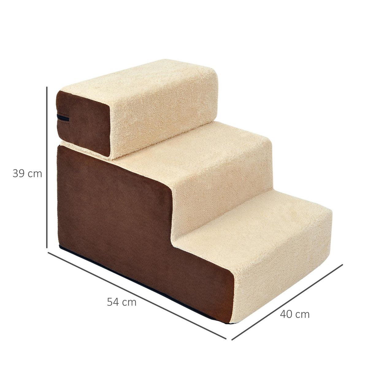 PAWHUT Escalier pour chien animaux rampe 2/3 marches déhoussable dim. 54L x 40l x 39H cm mousse haute densité tissu peluche courte marron crème