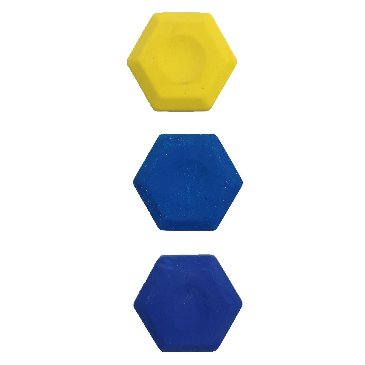 AUCHAN Lot de 3 gommes fantaisies 1 bleu foncée 1 bleu et 1 jaune