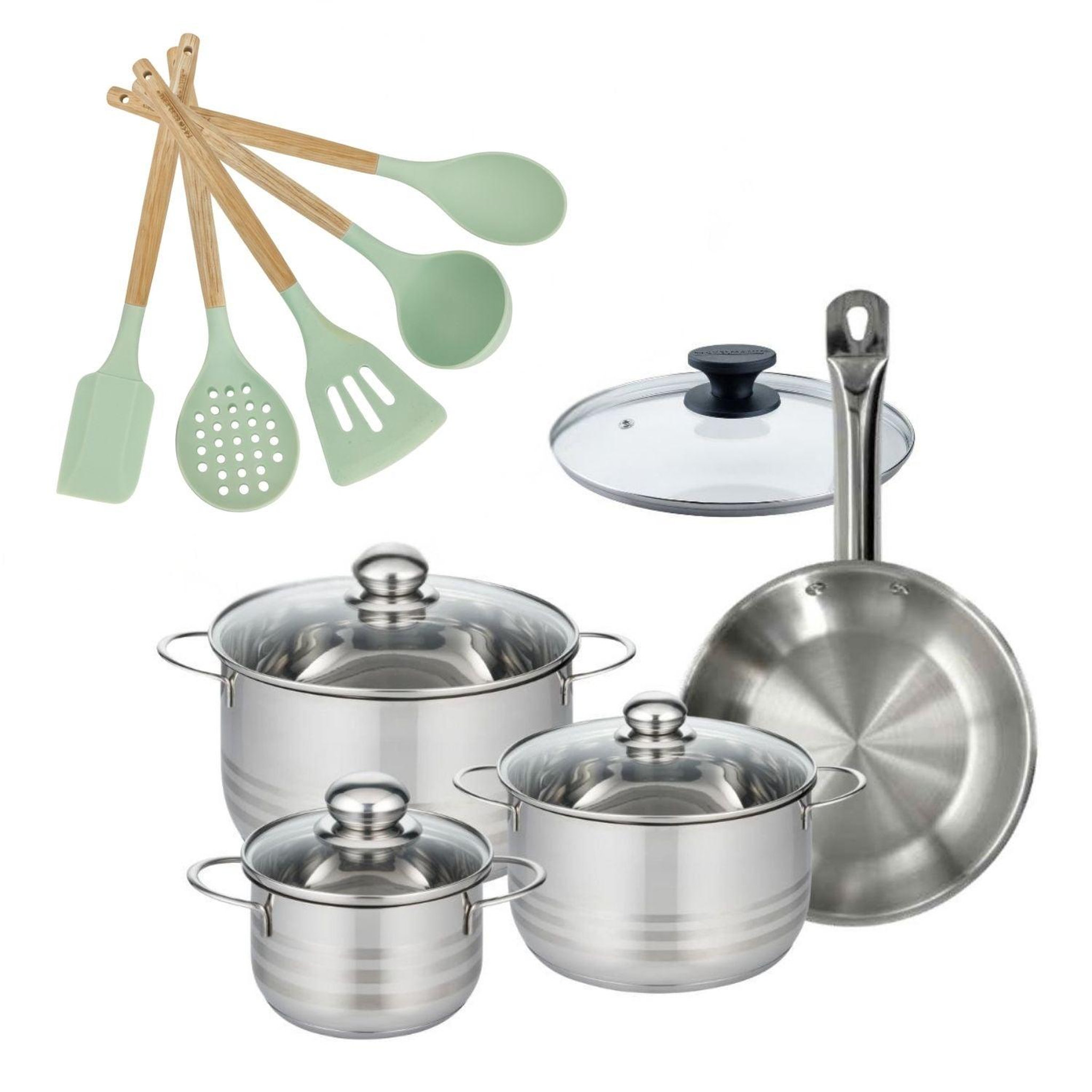 Fackelmann Batterie de cuisine avec 3 faitouts 16/20/24 cm et 1 poêle 24 cm avec 6 ustensiles de cuisine fackelmann etherna brillant fenix océan avec couvercles