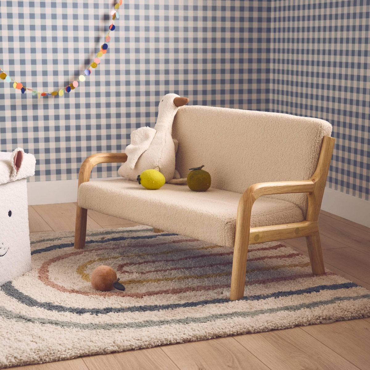 SWEEEK Banquette scandinave enfant en bois et tissu bouclette beige 2 places