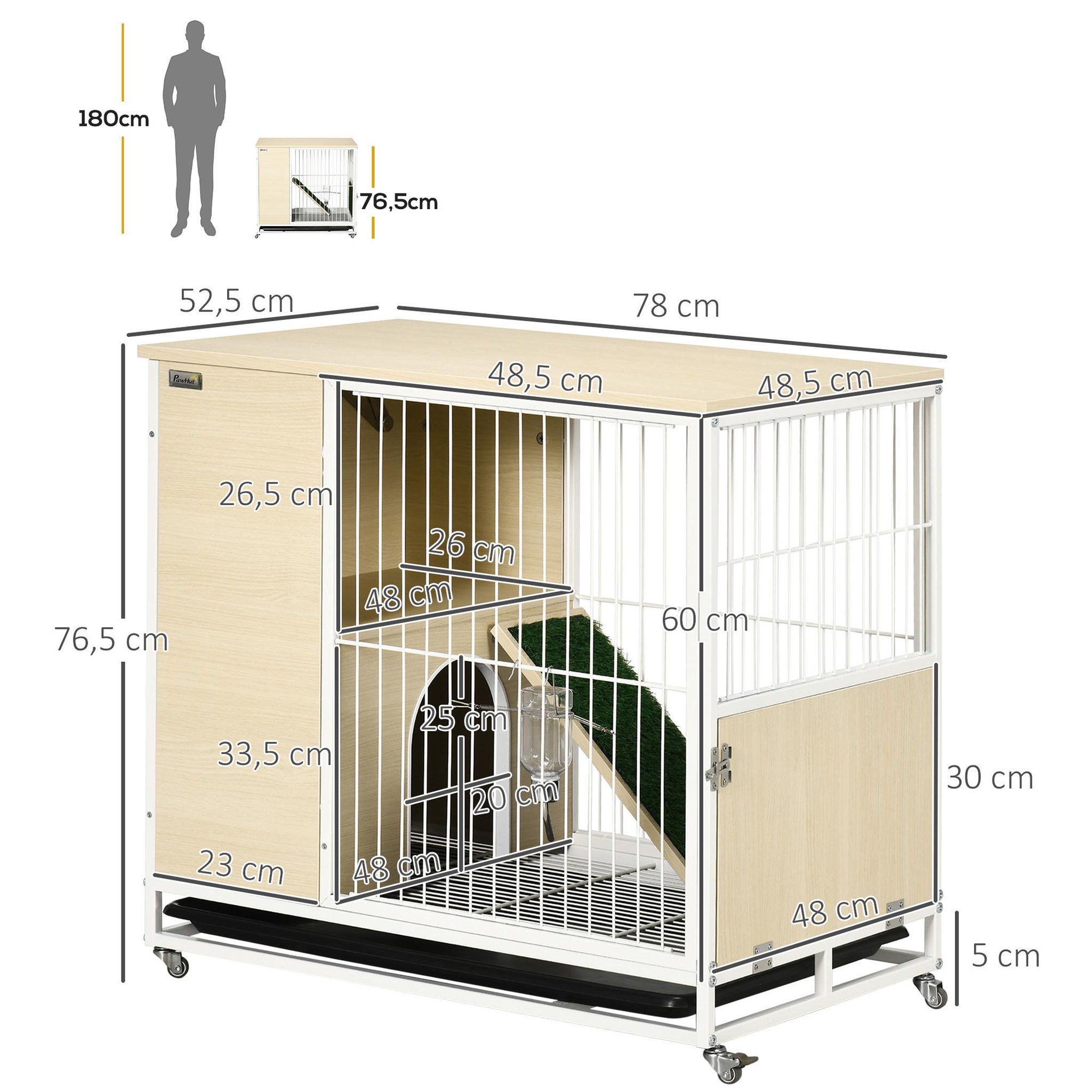Voir la diapositive 3 : PAWHUT Clapier à lapin sur roulettes cage à lapin 2 niveaux toit ouvrant porte plateau déjection coulissant rampe niche acier blanc aspect bois clair