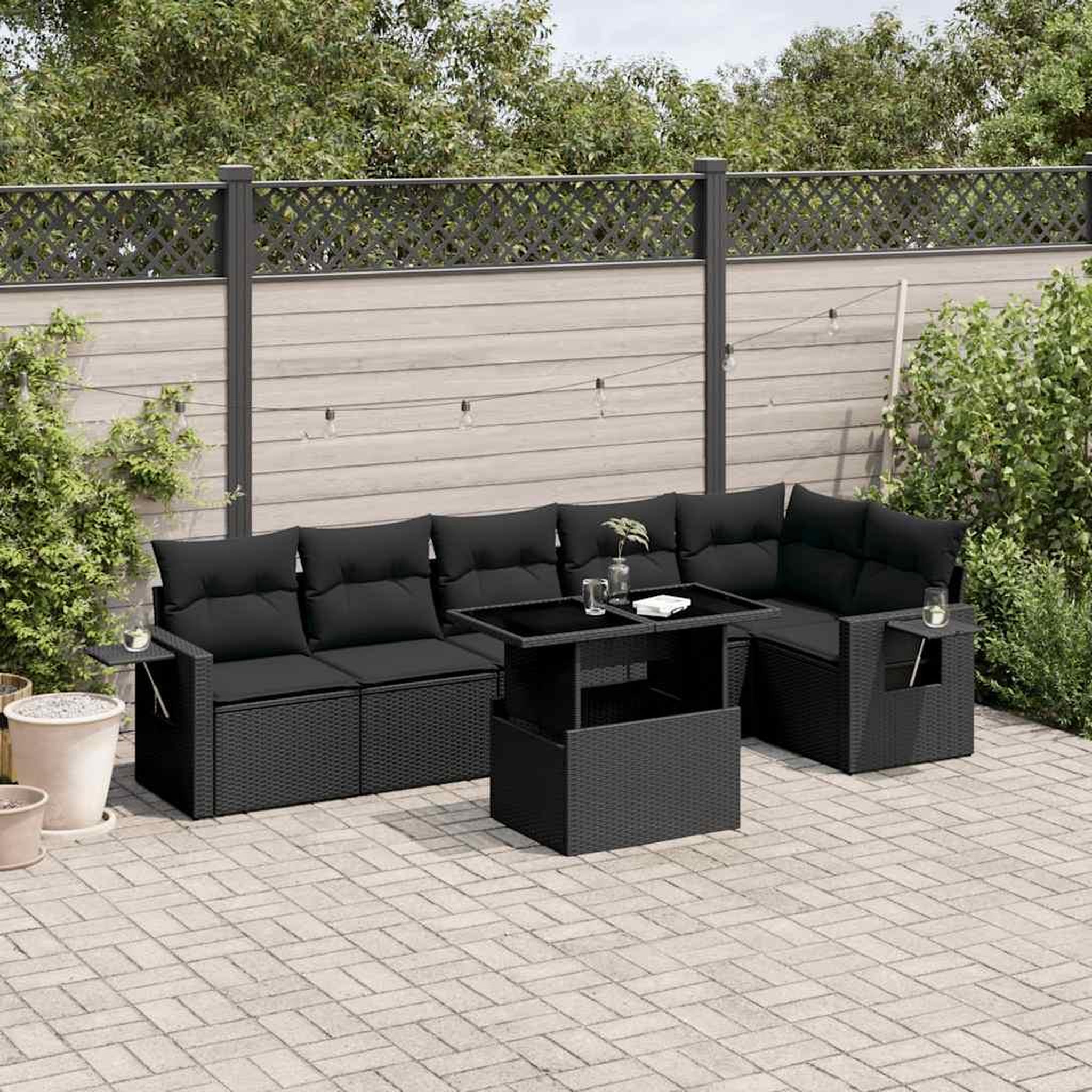 VIDAXL Salon de jardin 7 pcs avec coussins noir resine tressee