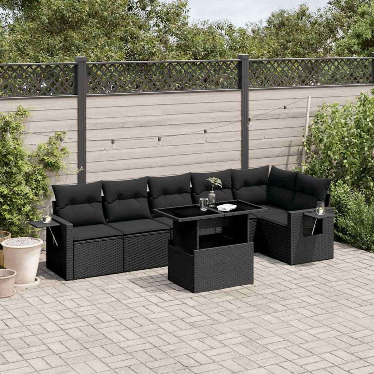 VIDAXL Salon de jardin 7 pcs avec coussins noir resine tressee