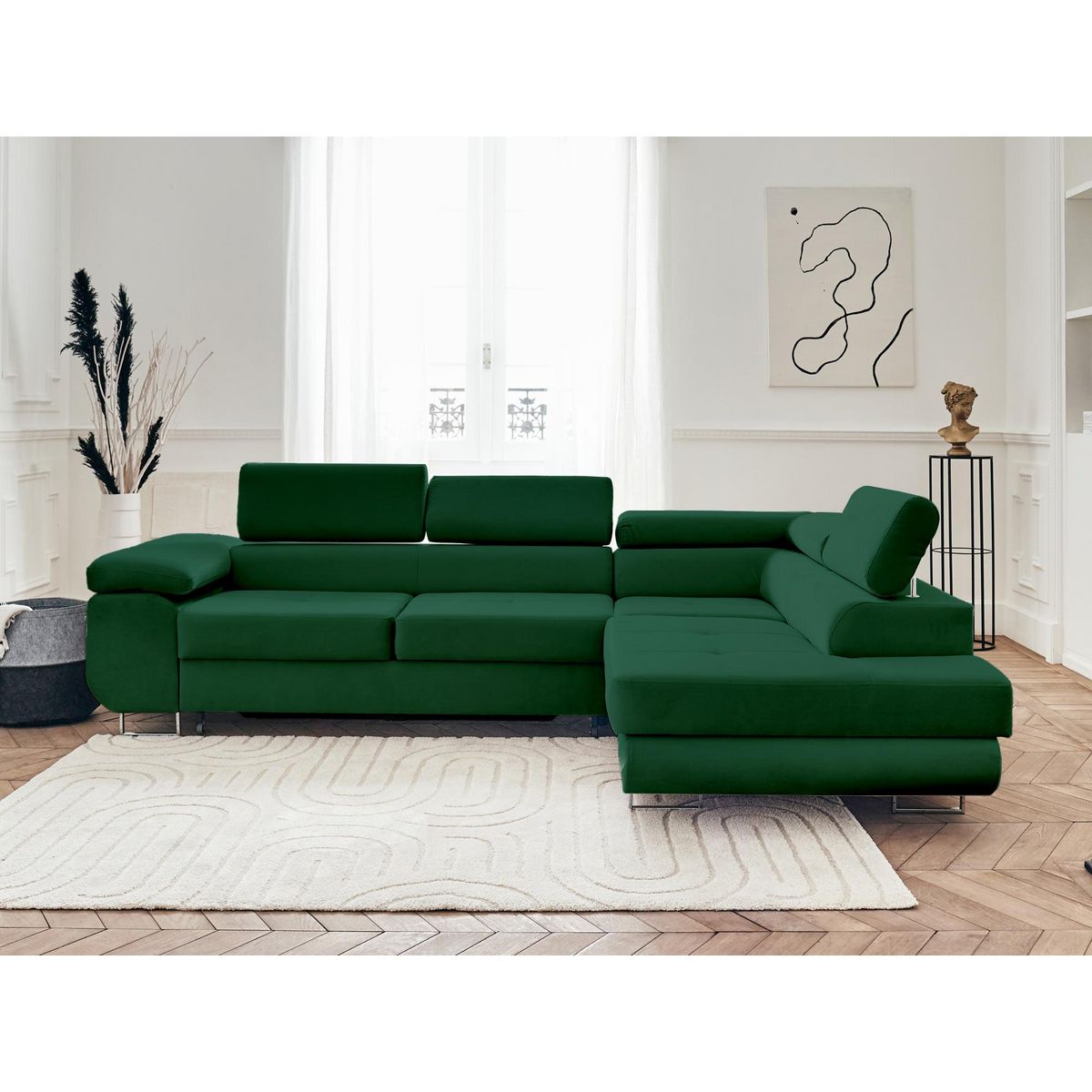 BEST MOBILIER Pablo - canapé d'angle droit - 5 places - convertible avec coffre et têtières réglables - en velours