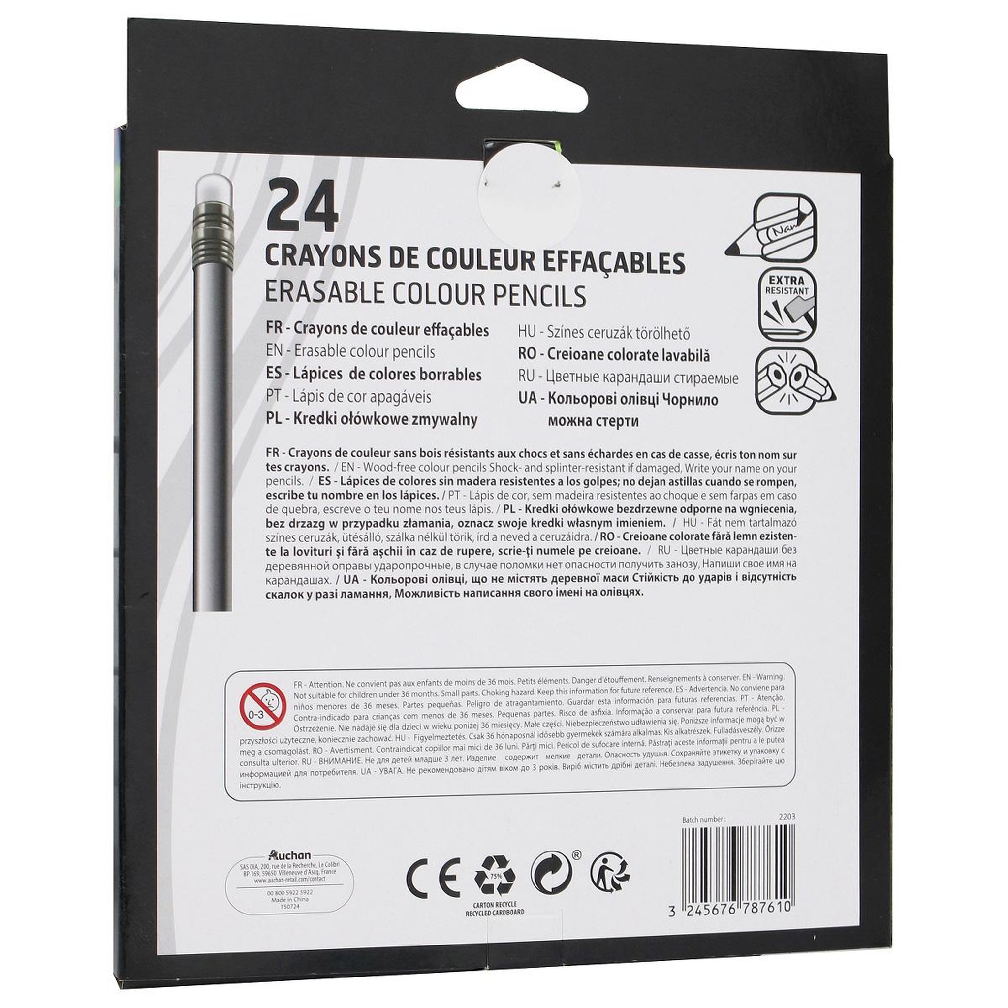 Voir la diapositive 3 : AUCHAN Etui de 24 crayons de couleur effaçables avec embout gomme