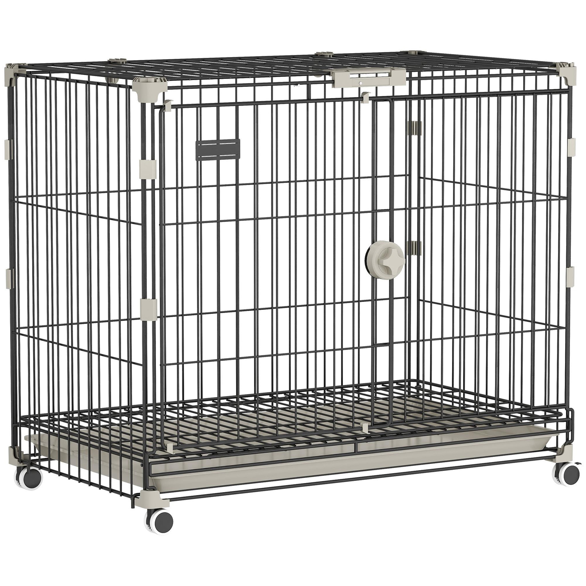 PAWHUT Cage pour chien pliable, plateau amovible, roues avec freins, toit ouvrant verrouillable, porte de nourrissage, niche chien interieur pour petits et moyens chiens, 75,5x46x64,5cm, noir