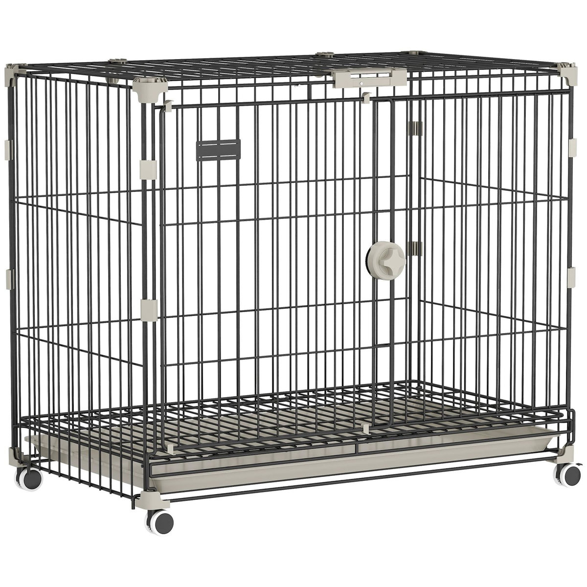 PAWHUT Cage pour Chien Pliable, Plateau Amovible, Roues avec Freins, Toit Ouvrant Verrouillable, Porte de Nourrissage, Niche Chien Interieur pour Petits et Moyens Chiens, 75,5x46x64,5cm, Noir