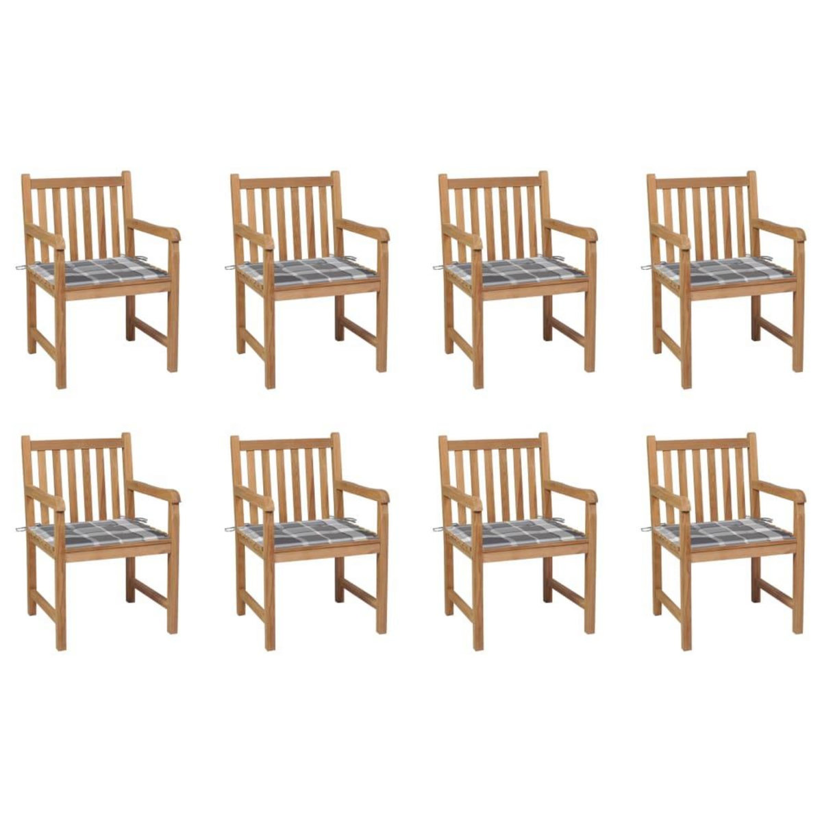 VIDAXL Chaises de jardin lot de 8 et coussins carreaux gris Bois teck