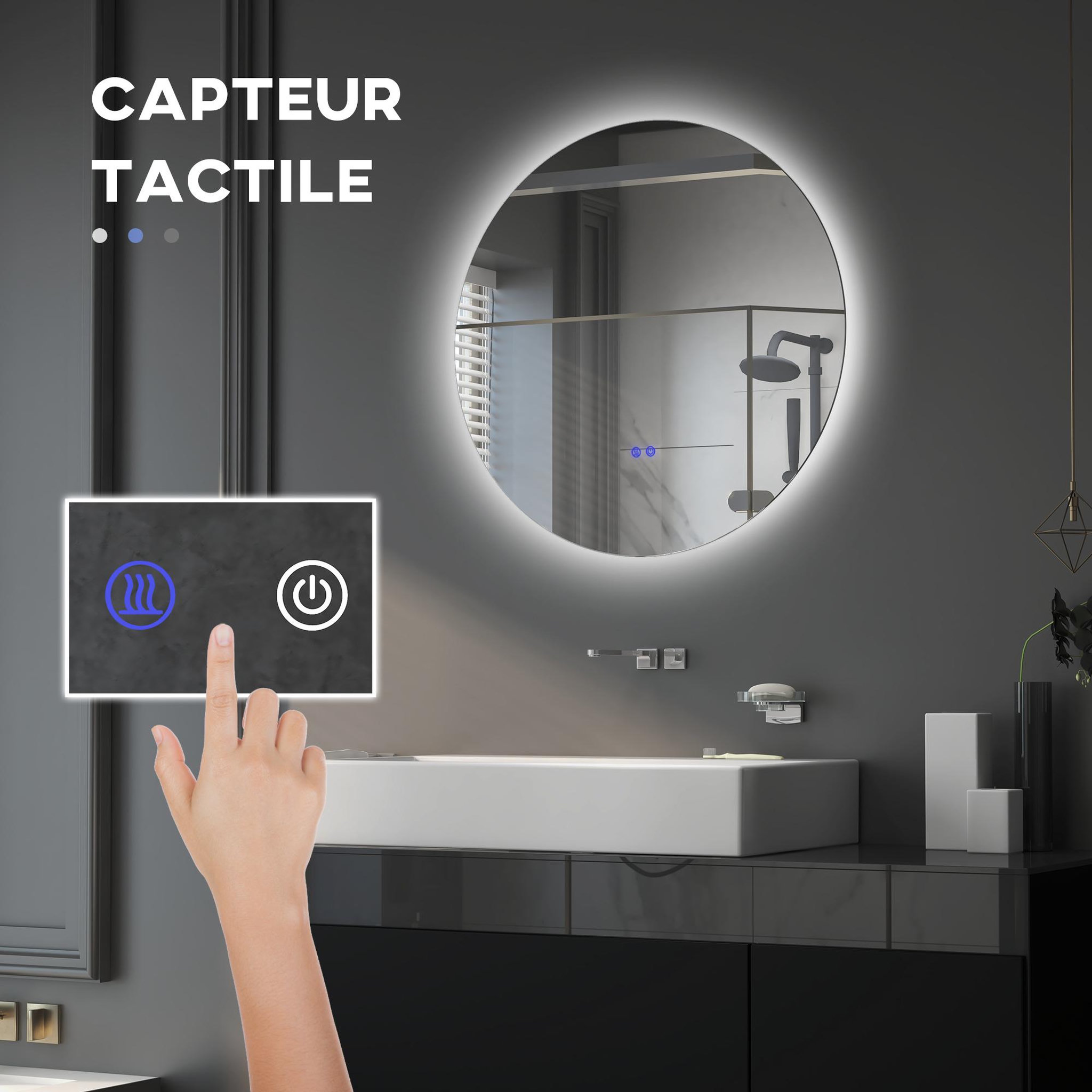 Voir la diapositive 4 : KLEANKIN Miroir rond lumineux led réglable de salle de bain dia. 80 cm interrupteur tactile fonction antibuée gris