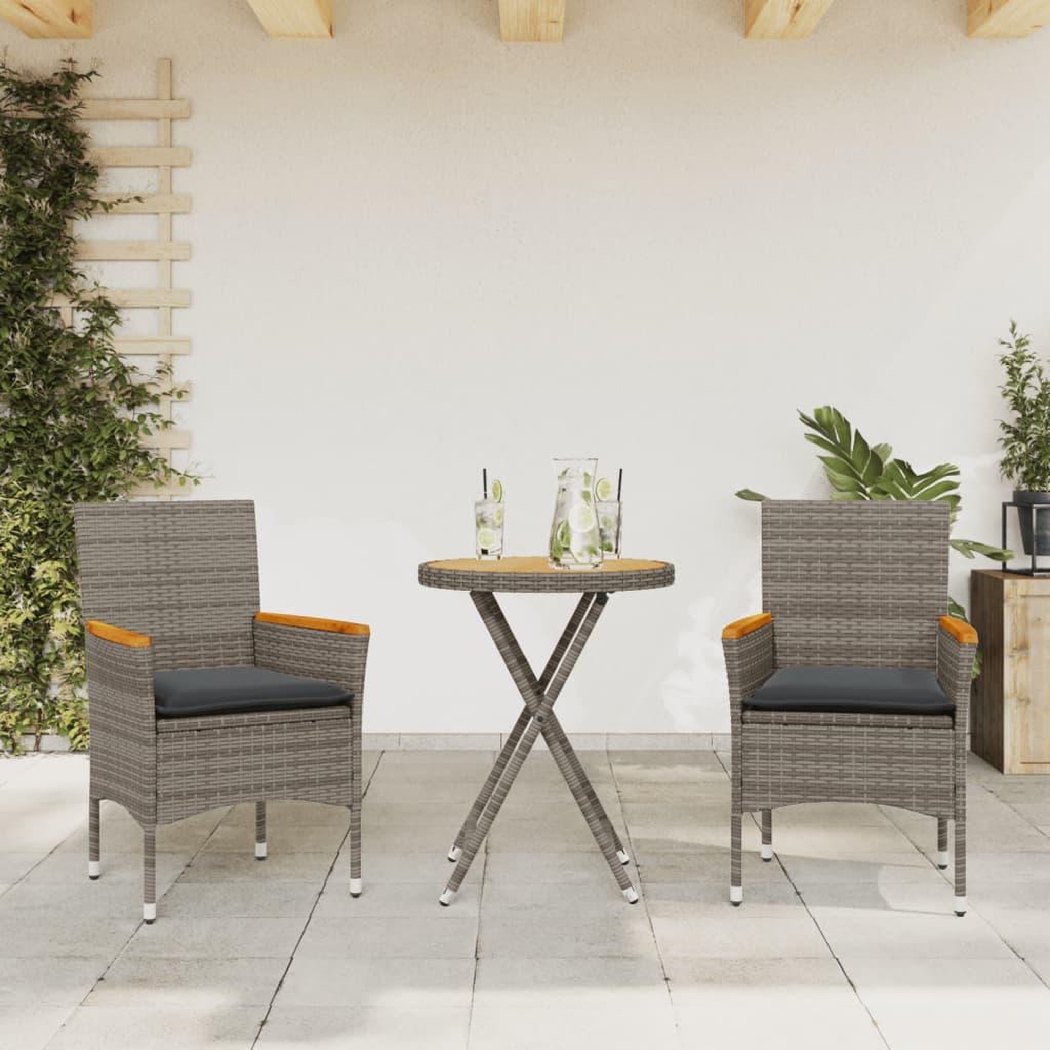 VIDAXL Ensemble de bistro avec coussins 3 pcs gris rotin et acacia