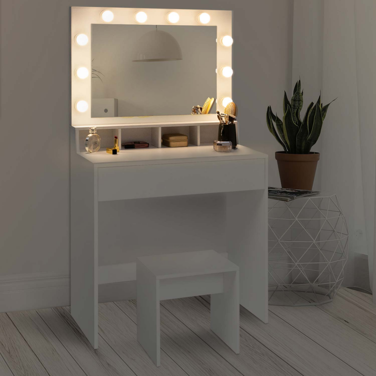 ID MARKET Coiffeuse ZELIA miroir LED avec 4 niches, 1 tiroir et tabouret