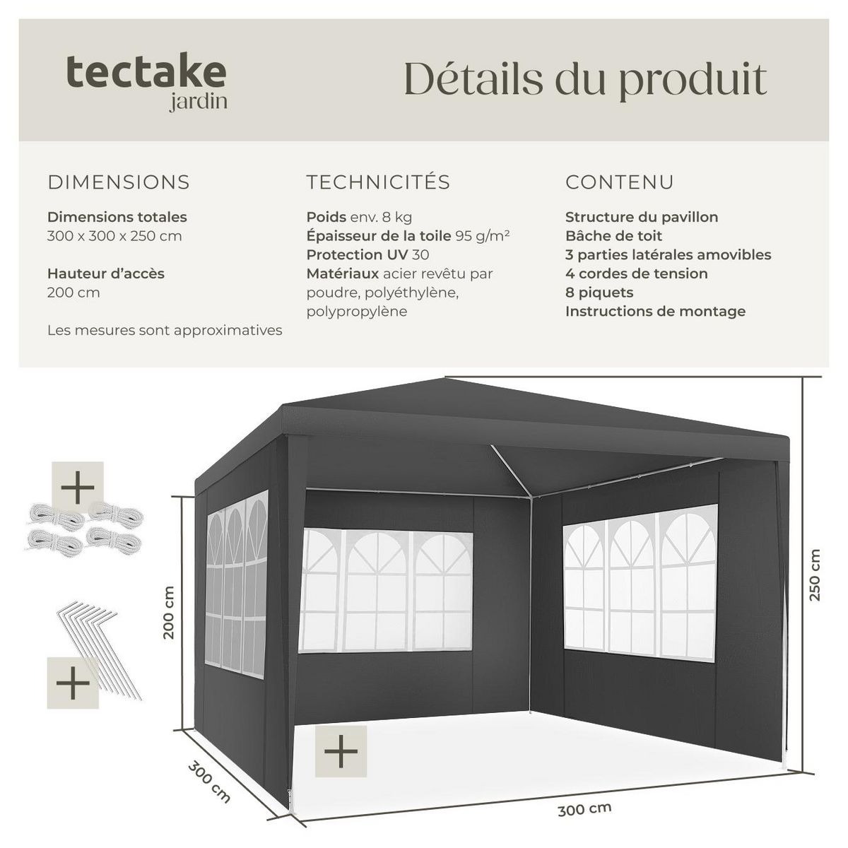 tectake Pavillon 3 x 3 m avec système d'emboîtement gris