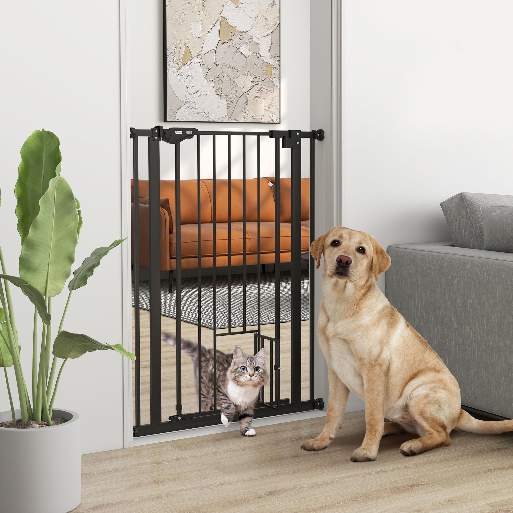 Voir la diapositive 2 : PAWHUT Barrière de sécurité animaux - longueur réglable dim. 74-80 cm - porte double verrouillage, ouverture double sens, petite porte -sans perçage - acier plastique noir
