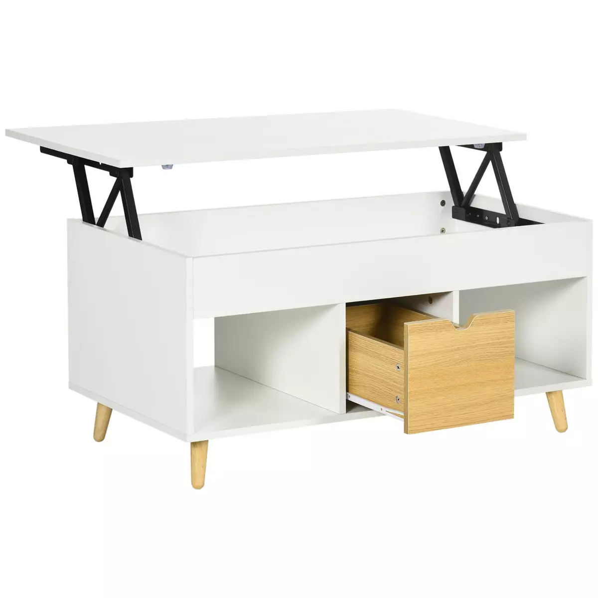 HOMCOM Table basse relevable - tiroir, 2 niches, coffre - dim. 100L x 50l x 49H cm - bois clair blanc